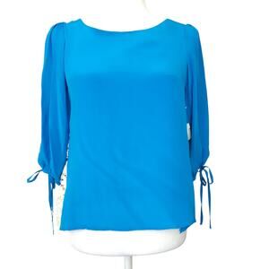 Line & Dot Blue Silk Slit Sleeve Lace Back Blouse XS NWT Revolve Boho Style READ
